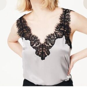CAMI NYC The Leia Cami in Stone. Silver/Grey Cami with Black Lace Trim
